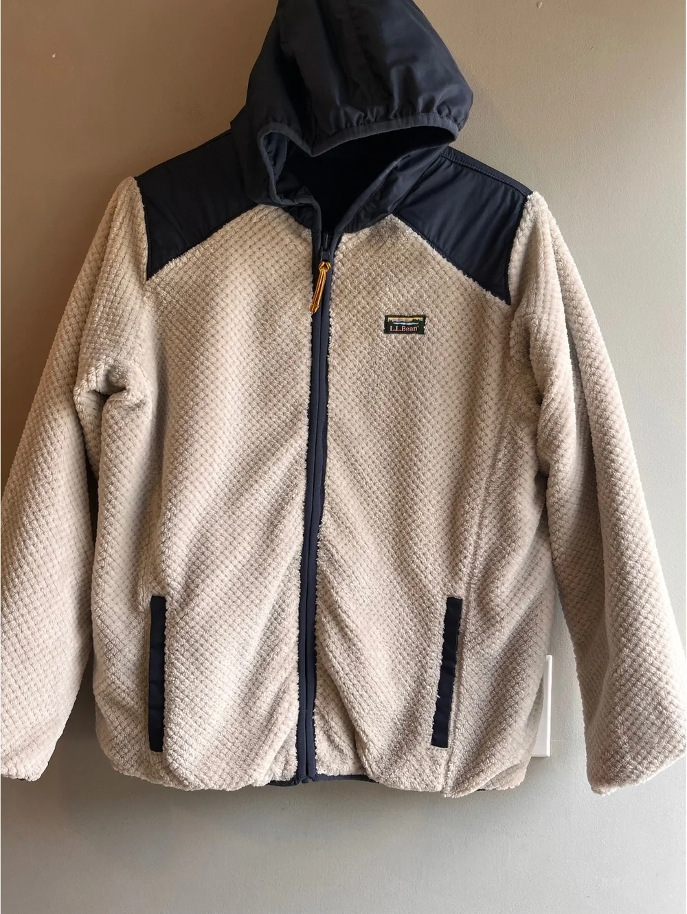 L.L. Bean Kids Mountain Bound Reversible Hooded Jacket Size XL 18 Beige Navy